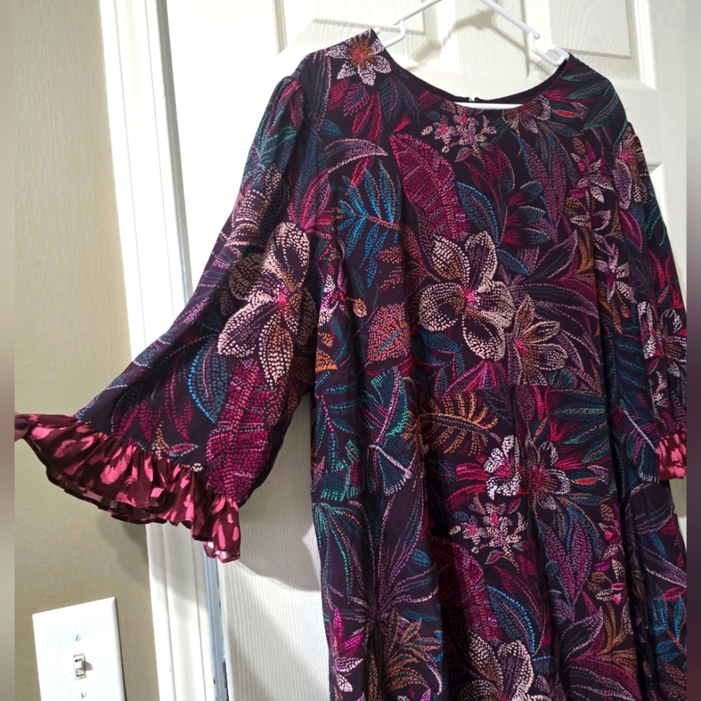 NWT Johnny Was Alicante Tunic Silk Shift Dress, Tropical Print, Ruffle Hem, XL. - Picture 5 of 16